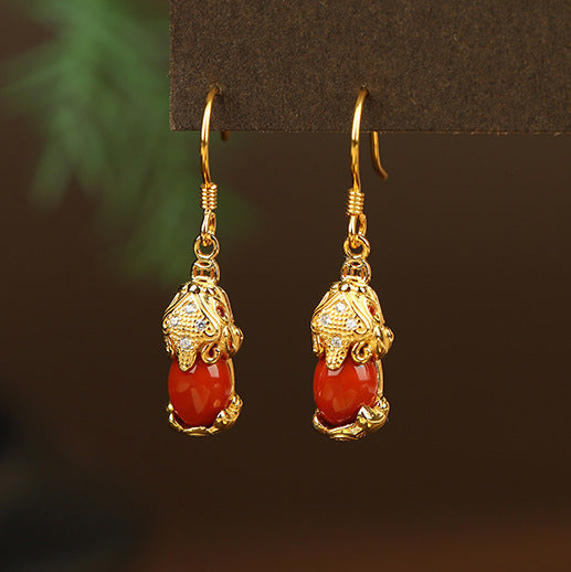 Pixiu Red Agate Drop Earrings-Wishes for Prosperity