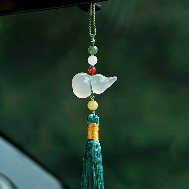 Safe Journey Blessing Gourd Spiritual Car Hanging Pendant-White Chalcedony & Hetian Jade