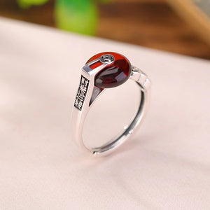 Red Amber Wealth Coin Silver Ring-Luck Prosperity