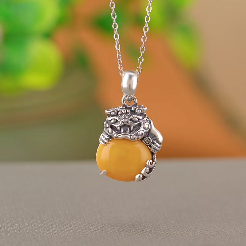 Pixiu Yellow Agate Silver Necklace -Balance and Prosperity