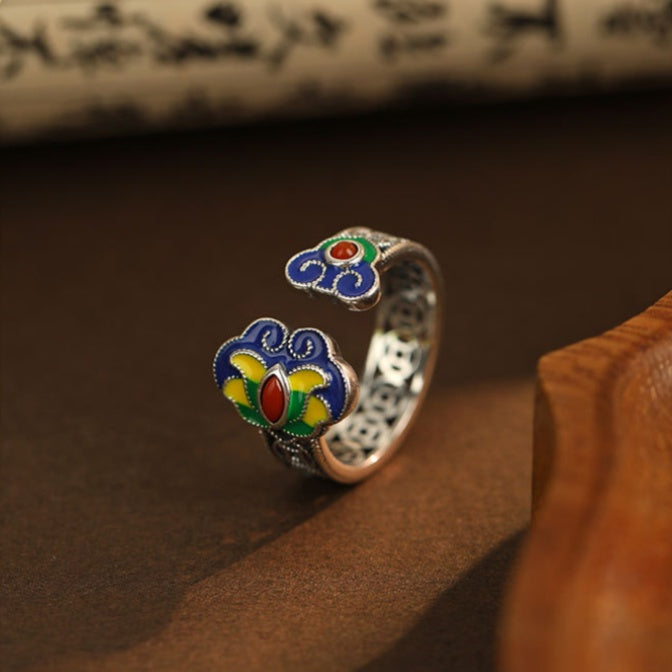 Enamel Ruyi Cloud Agate S925 Silver Adjustable Ring-Graceful Blessings