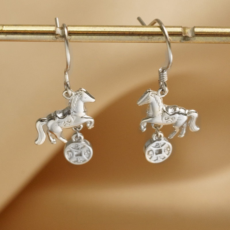Horse & Coin Sterling Silver Drop Earrings-Onward with Spirit