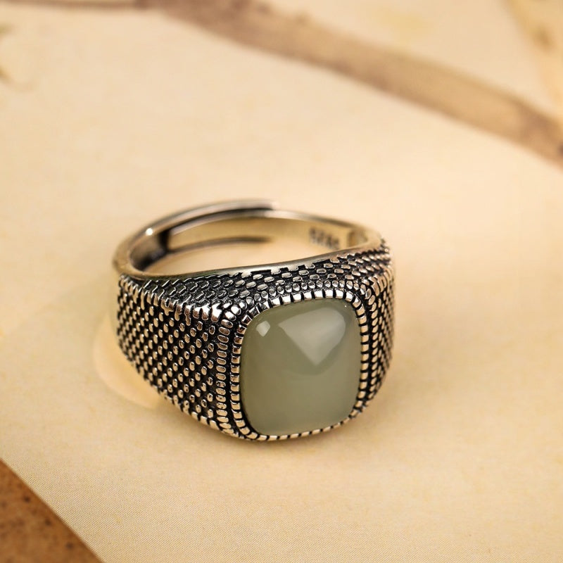 Cushion Nephrite Jade Textured S925 Silver Adjustable Ring-Quiet Composure