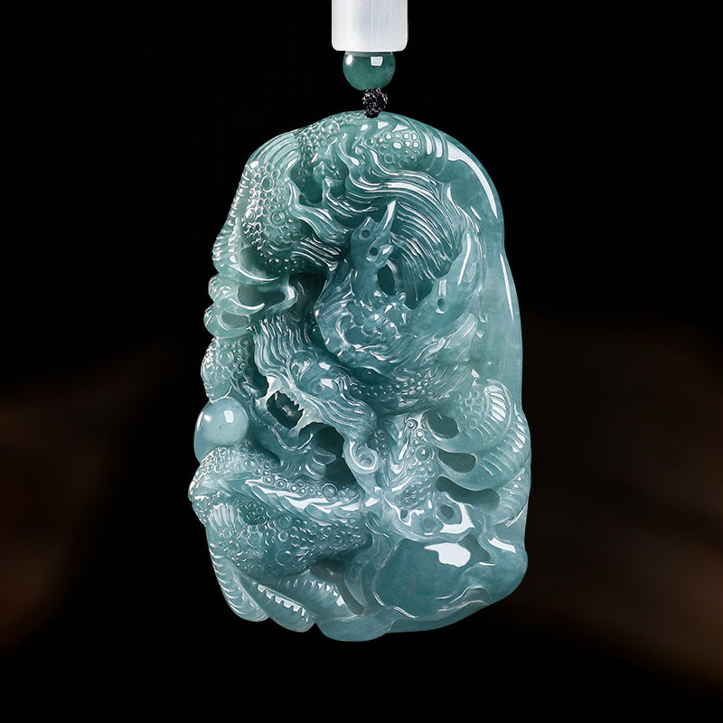 The Sovereign’s Shield: Ice-Blue Water Jadeite Dragon Pendant