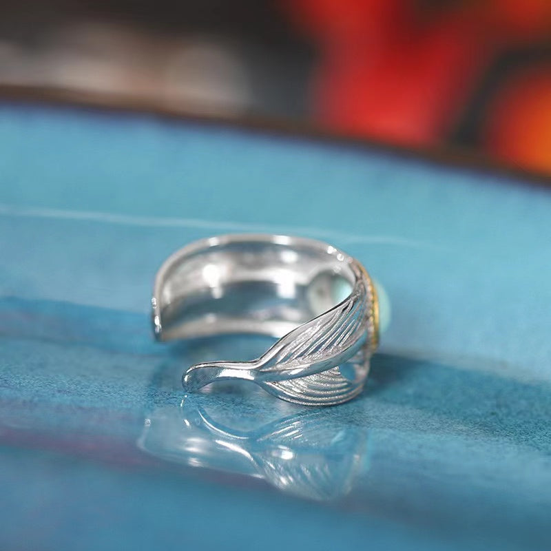 Natural Turquoise Feather Silver Ring