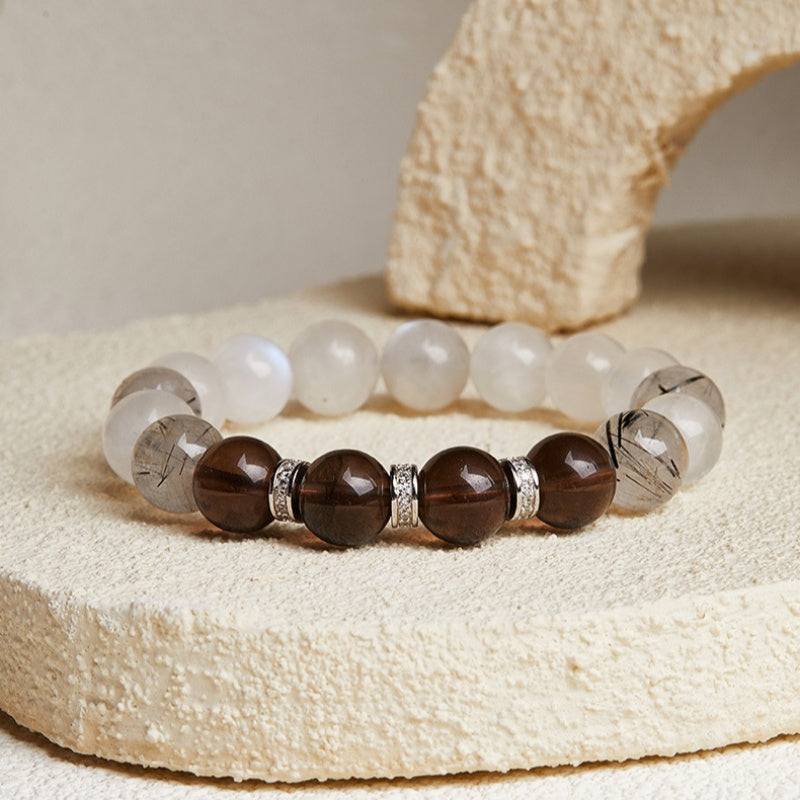 Smooth Path-Ice Obsidian Moonstone Rutilated Quartz Beaded Bracelet