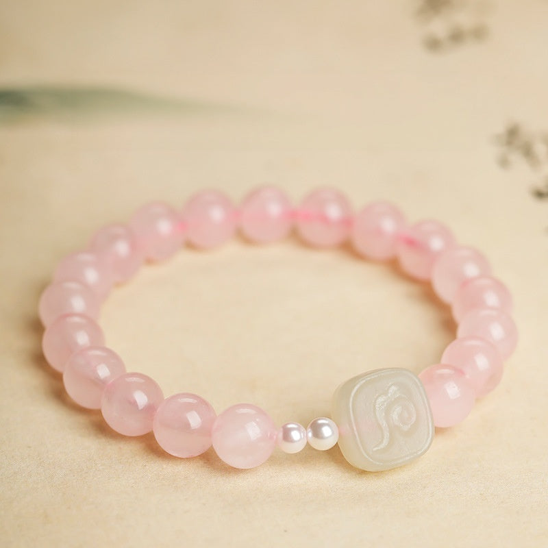 White Jade Zashi Lhamo Rose Quartz Bracelet-Auspicious Encounters