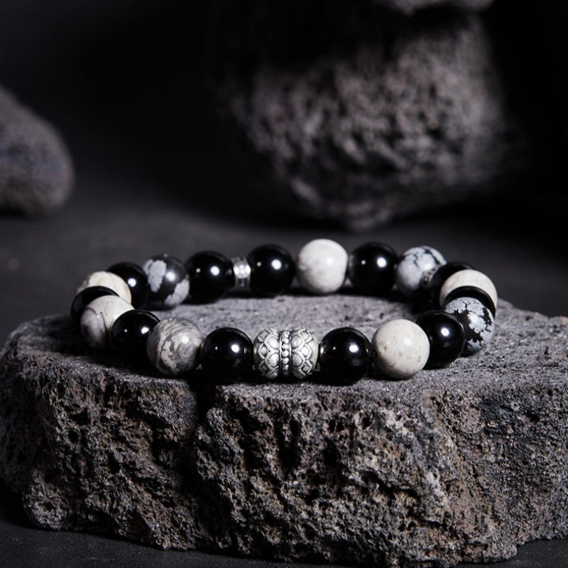 Lotus Blooming-999 Fine Silver Lotus Obsidian Jasper Beaded Bracelet