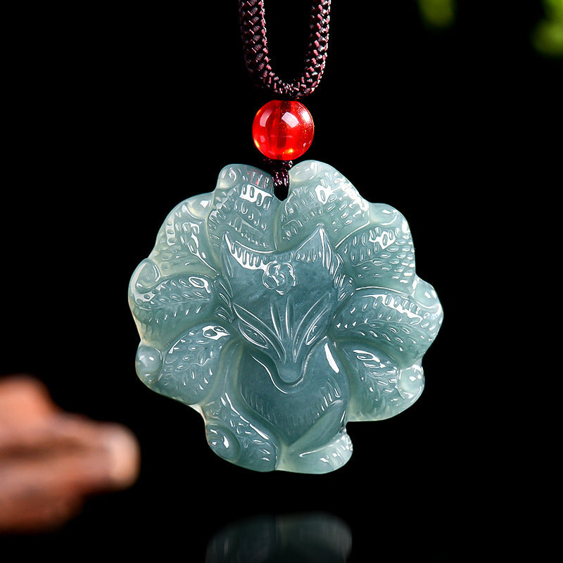 Nine-Tailed Fox Natural Blue Jadeite Pendant – Genuine A Jade Necklace in Glutinous Variety