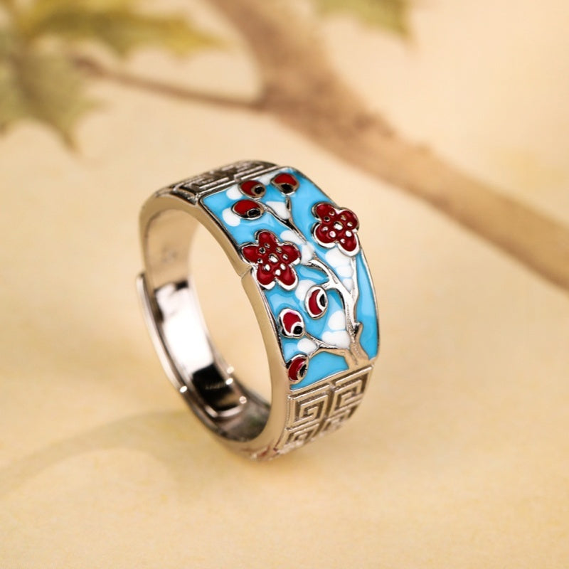Winter Plum Blossom Enamel S925 Silver Adjustable Ring-Quiet Resilience