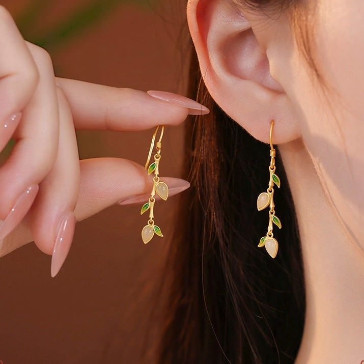 Bamboo Leaf Nephrite Jade Drop Earrings-Steady Growth