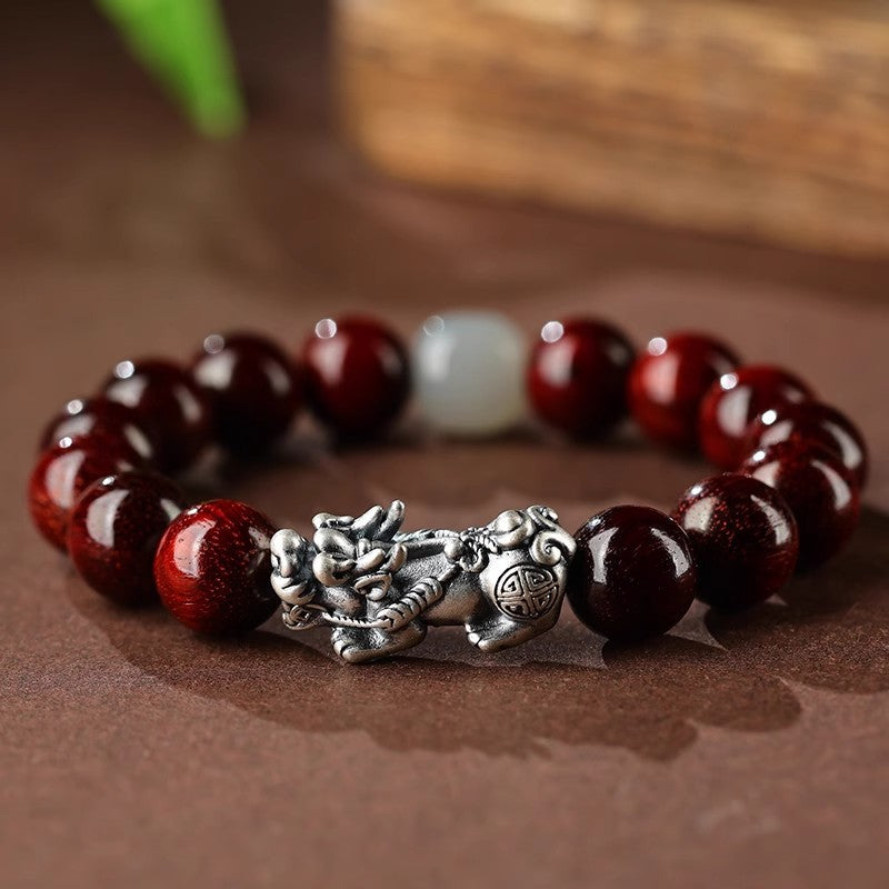 Silver Pixiu Bracelet with Rosewood & Hetian Jade-Prosperity Guardian