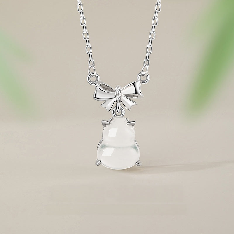 Gourd Jade Stone Silver Necklace-Blessings Tied Close
