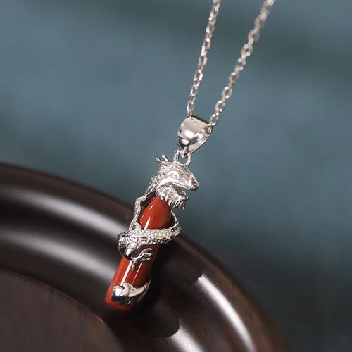 Ancient Dragon Pillar Agate Silver Necklace-Fortune Prosperity