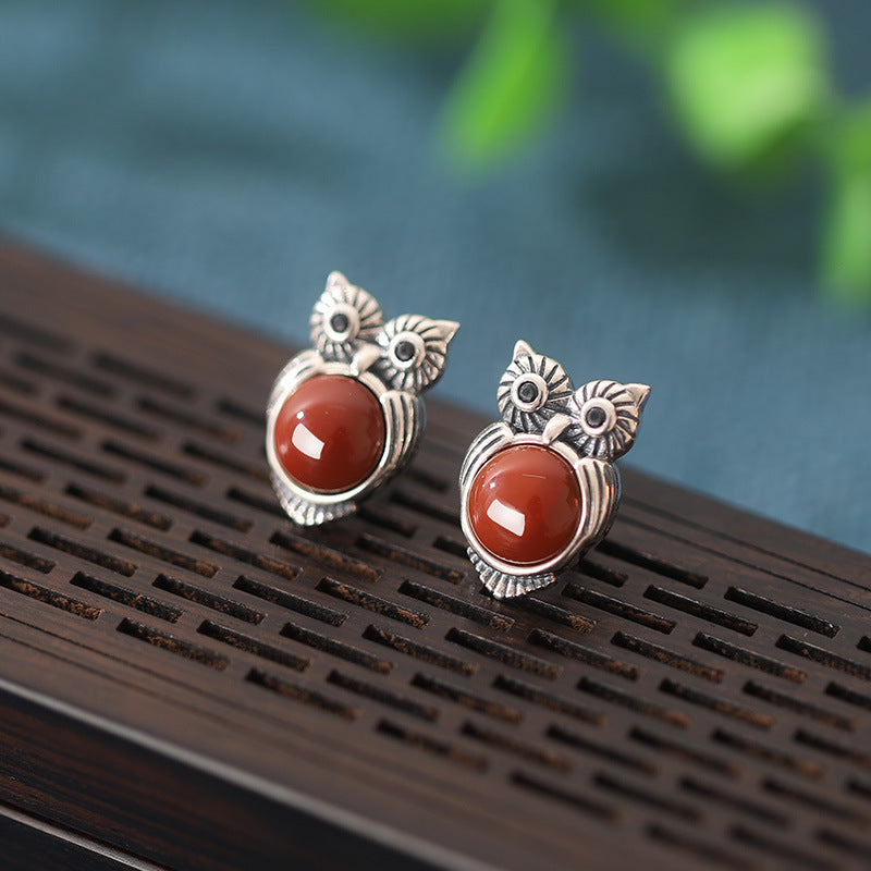 Quiet Wisdom-Owl Red Agate Sterling Silver Stud Earrings