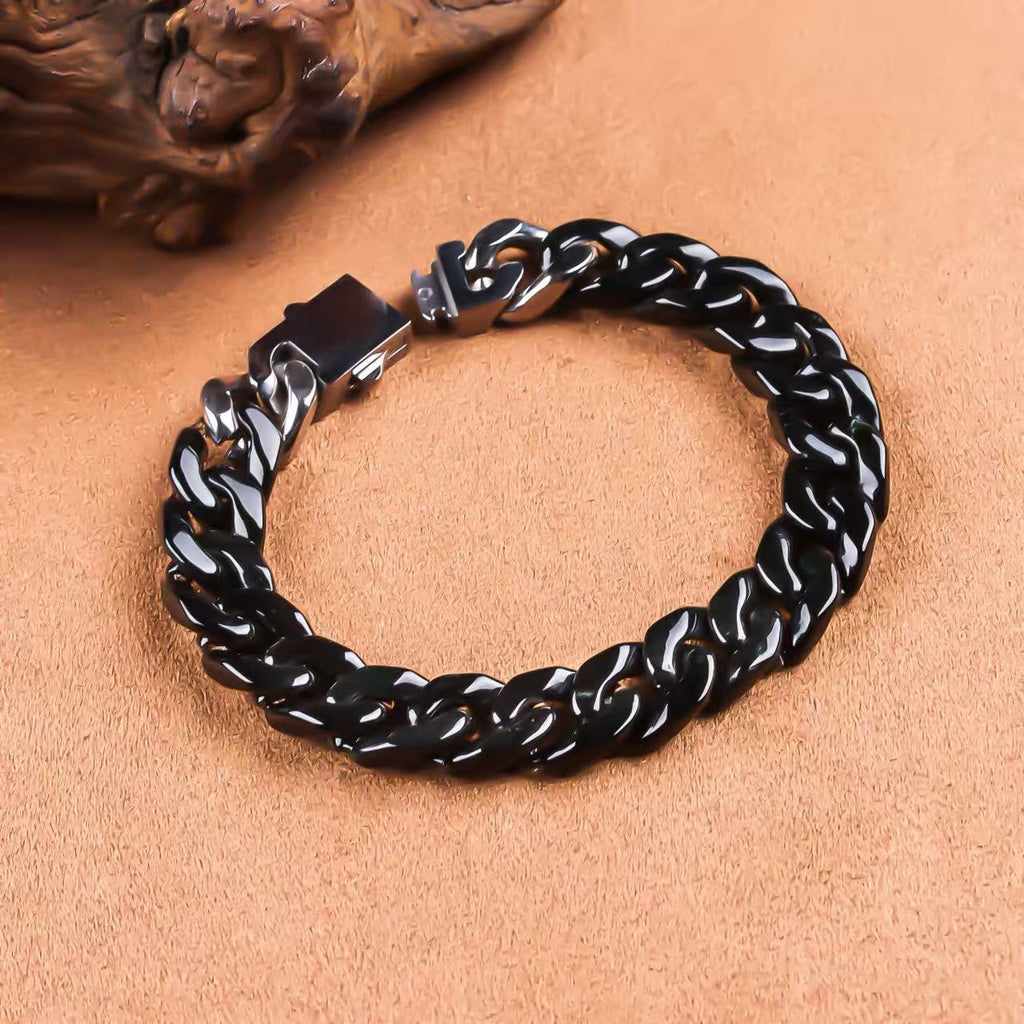 Polished Edge-Black Jadeite Cuban Link Bracelet