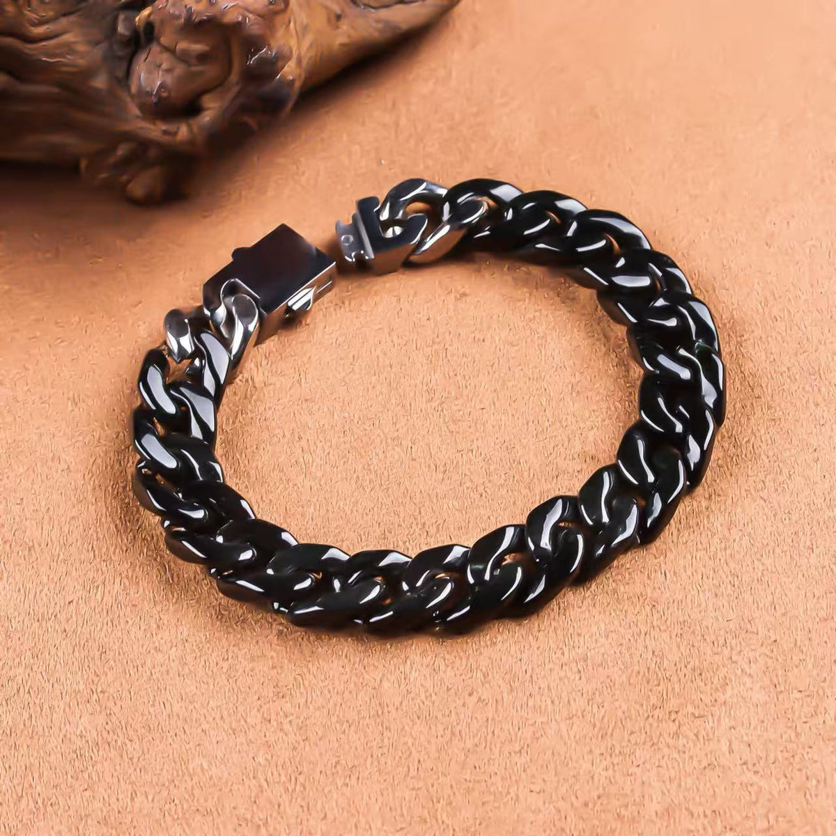 Polished Edge-Black Jadeite Cuban Link Bracelet