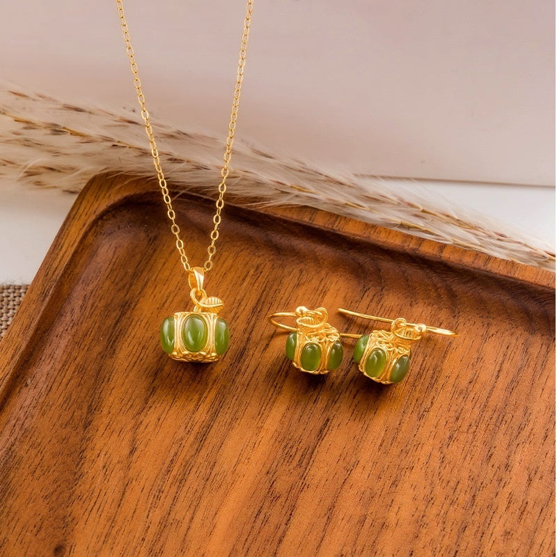 Fu Melon Nephrite Jade Necklace & Earrings-Good Wishes to Share