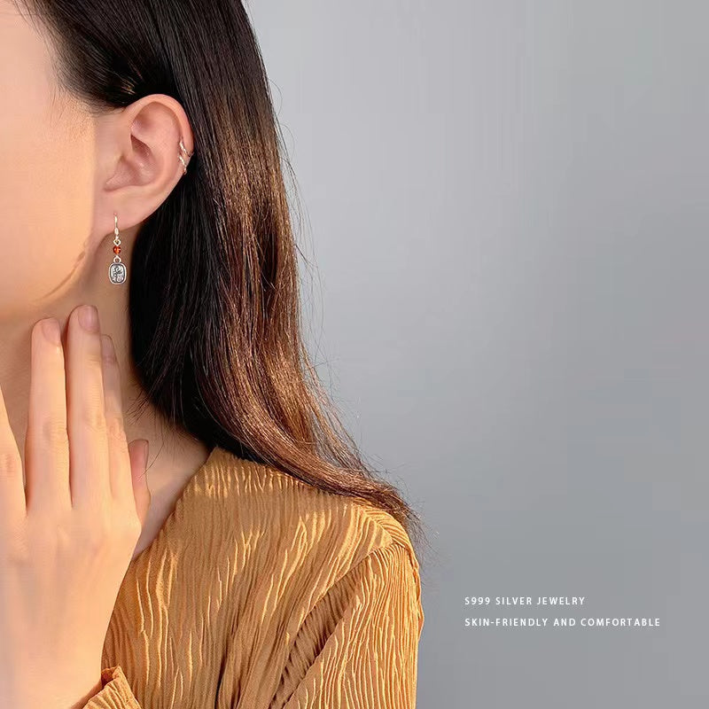 Fu Red Agate Silver Earrings-Lucky and Prosperity