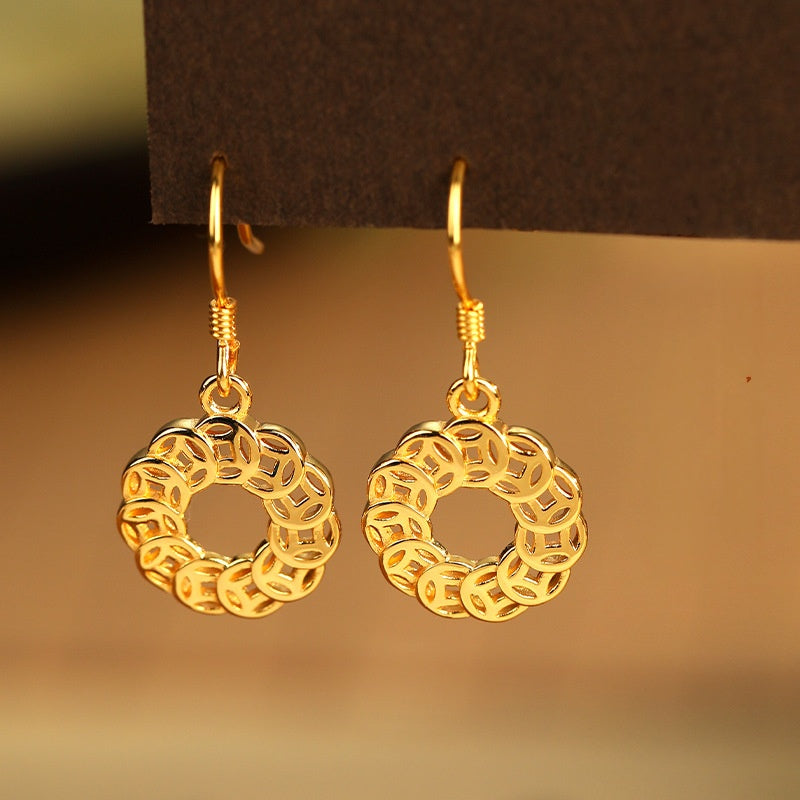 Abundant Blessings-Wealth Coin S925 Silver Dangle Earrings