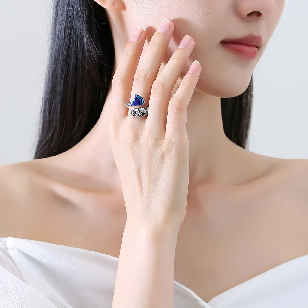 Cloisonné Koi Fish Ring – Sterling Silver Enamel Lucky Ring for Wealth and Prosperity