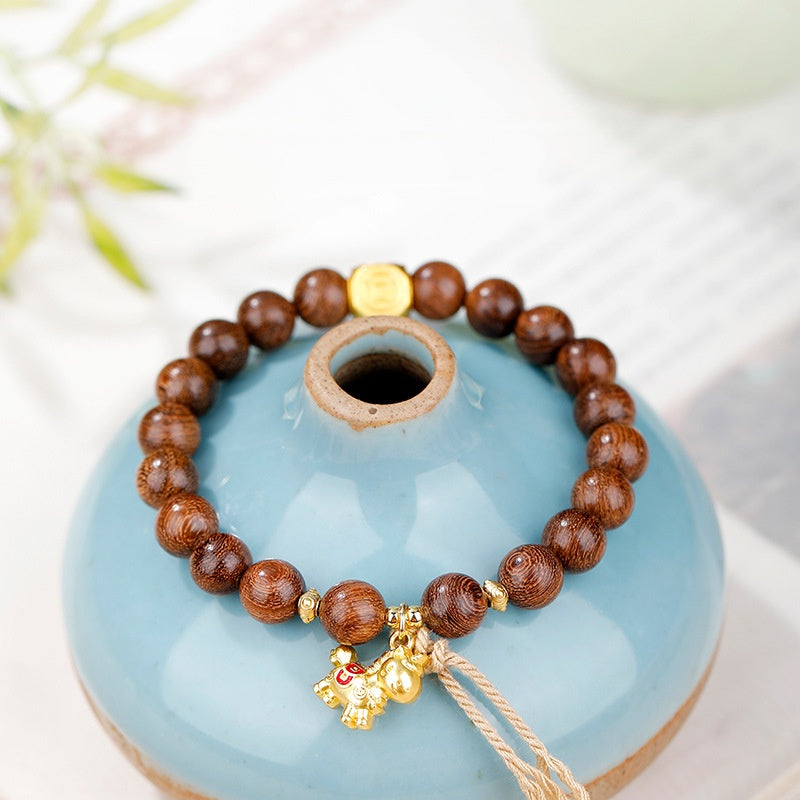 Silver-Plated Lucky Horse Gold Silk Sandalwood Bracelet-Courage into Abundance