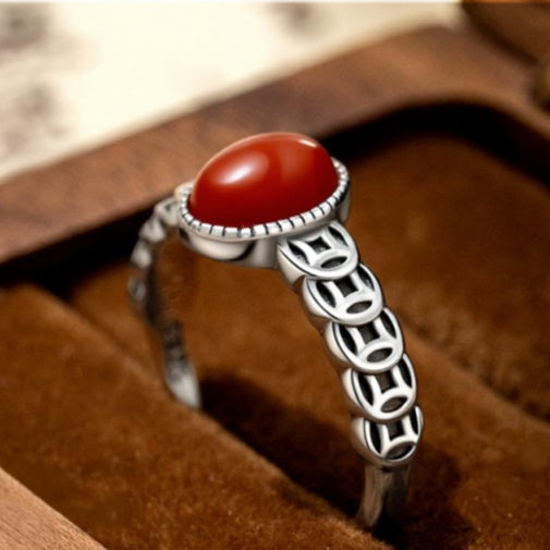 Ancient Coin Red Agate S925 Silver Adjustable Ring-Timeless Radiance