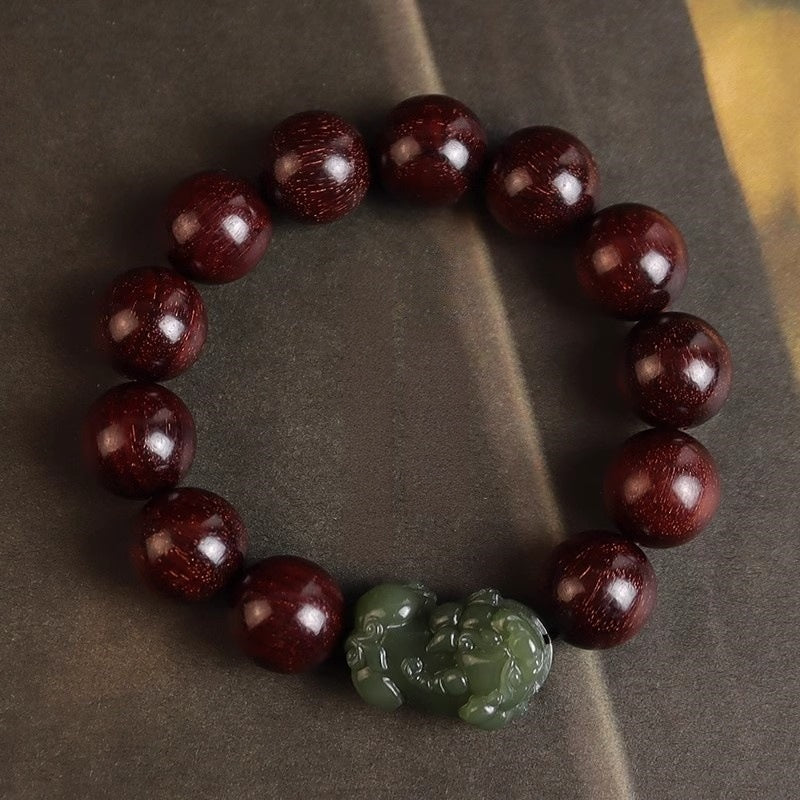 Green Jade Pixiu Sandalwood Bead Bracelet-Grounded Fortune