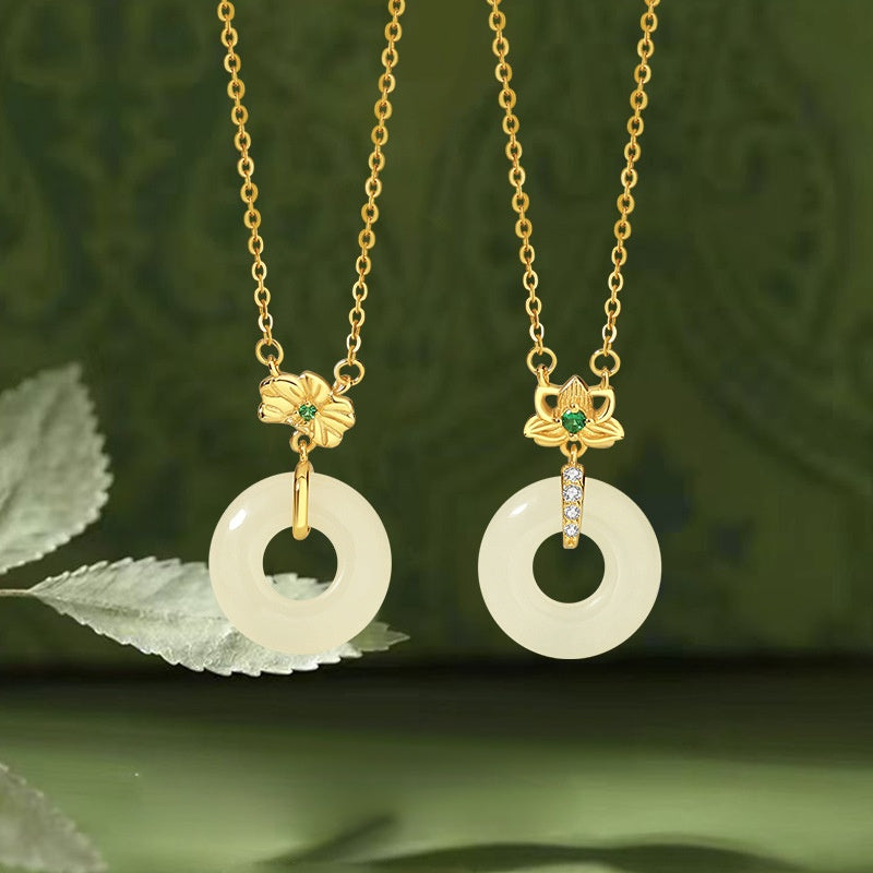 Lotus Nephrite Jade Peace Disc Necklace-Purity and Grace
