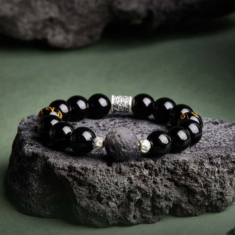 Six-Syllable Mantra Obsidian and Black Agate Bracelet-Steadfast Devotion and Inner Strength