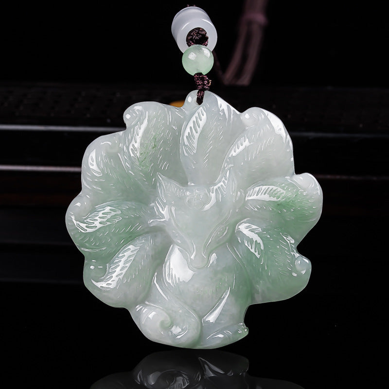 Nine-Tailed Fox Natural Blue Jadeite Pendant – Genuine A Jade Necklace in Glutinous Variety