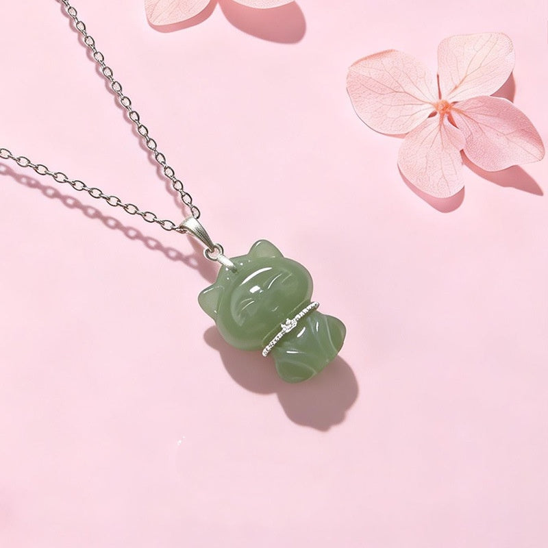 Nephrite Jade Lucky Cat Necklace-Joyful Everyday Charm
