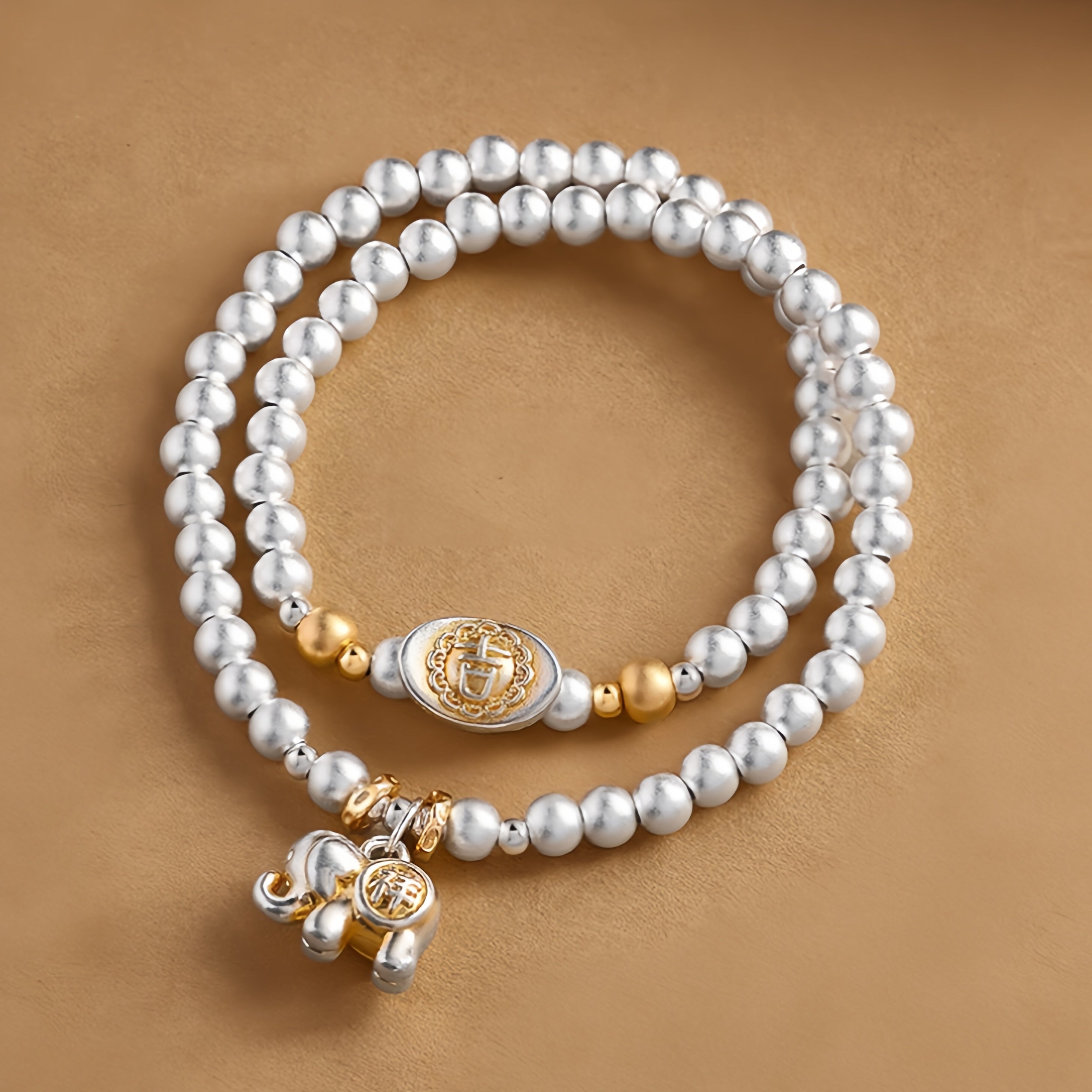 999 Fine Silver Elephant Charm Double-Wrap Bracelet-Graceful Abundance