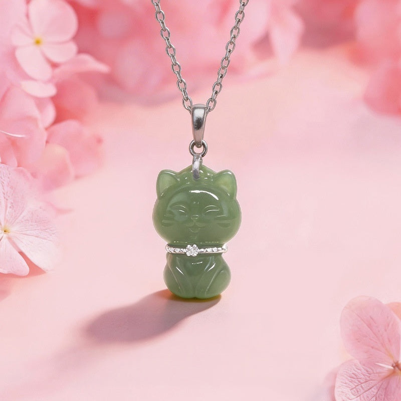 Nephrite Jade Lucky Cat Necklace-Joyful Everyday Charm