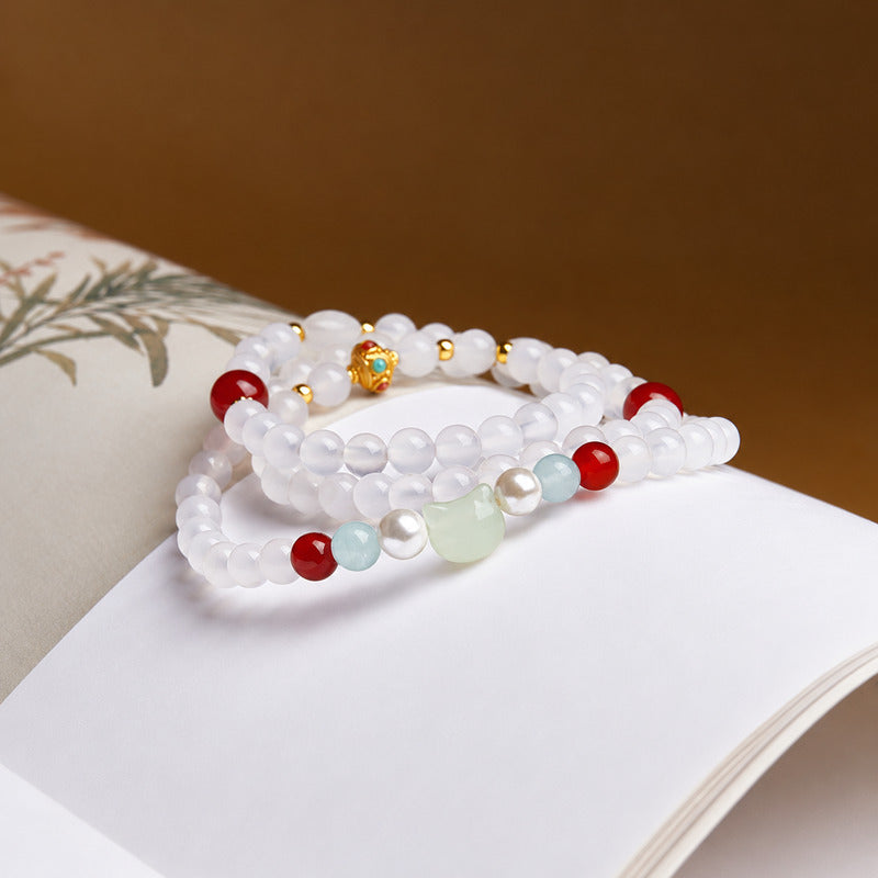 Nephrite jade cat white agate triple-wrap bracelet 01-hero