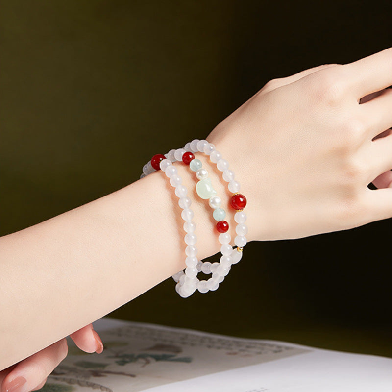Nephrite jade cat white agate triple-wrap bracelet 02-model