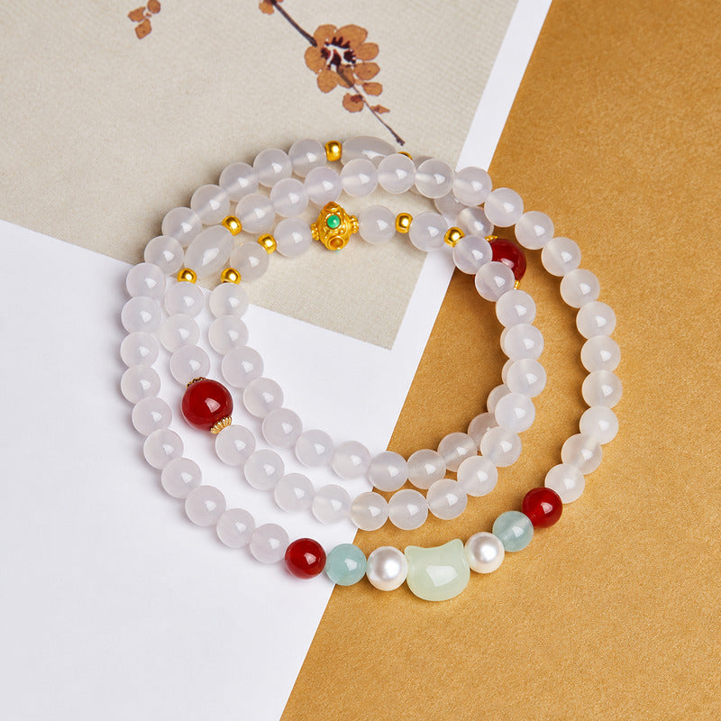 Nephrite jade cat white agate triple-wrap bracelet 03-overhead