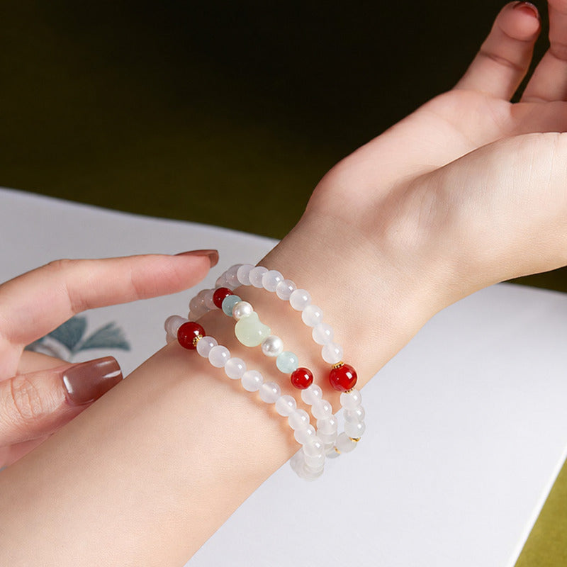 Nephrite jade cat white agate triple-wrap bracelet 04-model-detail