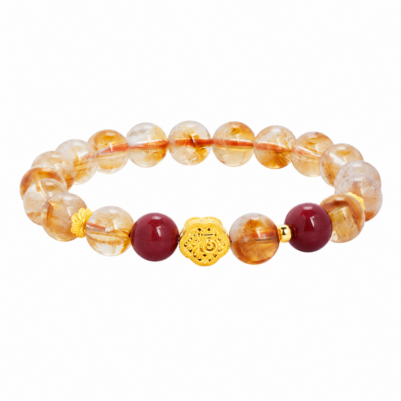 Yellow quartz good fortune bracelet shown against a clean white background