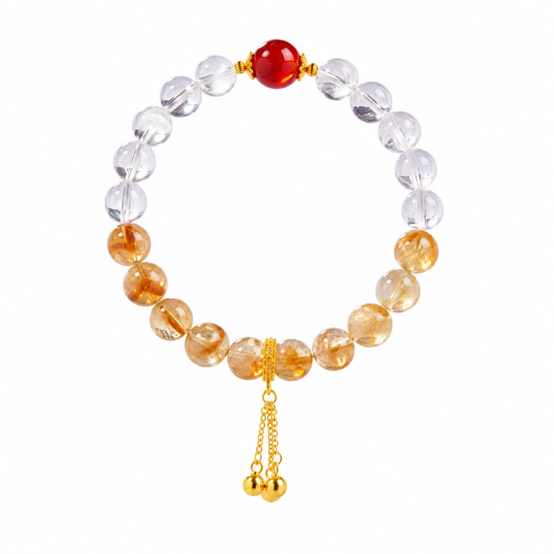 Complete red agate and clear quartz bracelet with tassel on white