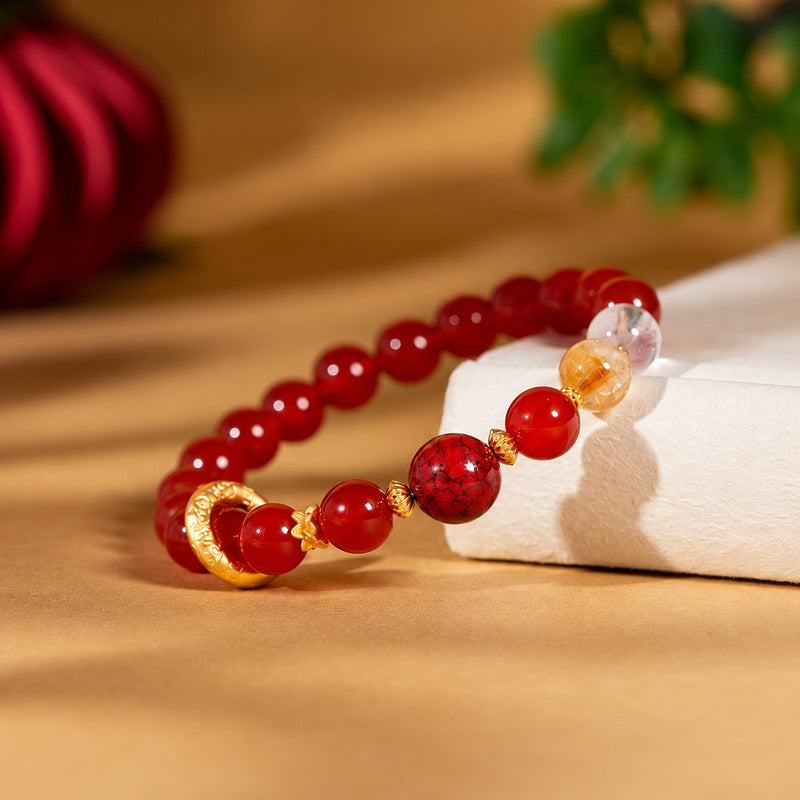 Angled red agate bracelet with clear and yellow crystal beads