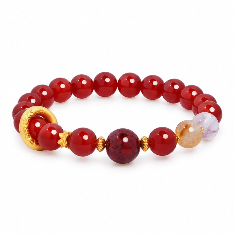 Complete red agate bracelet and silver circle on a white background