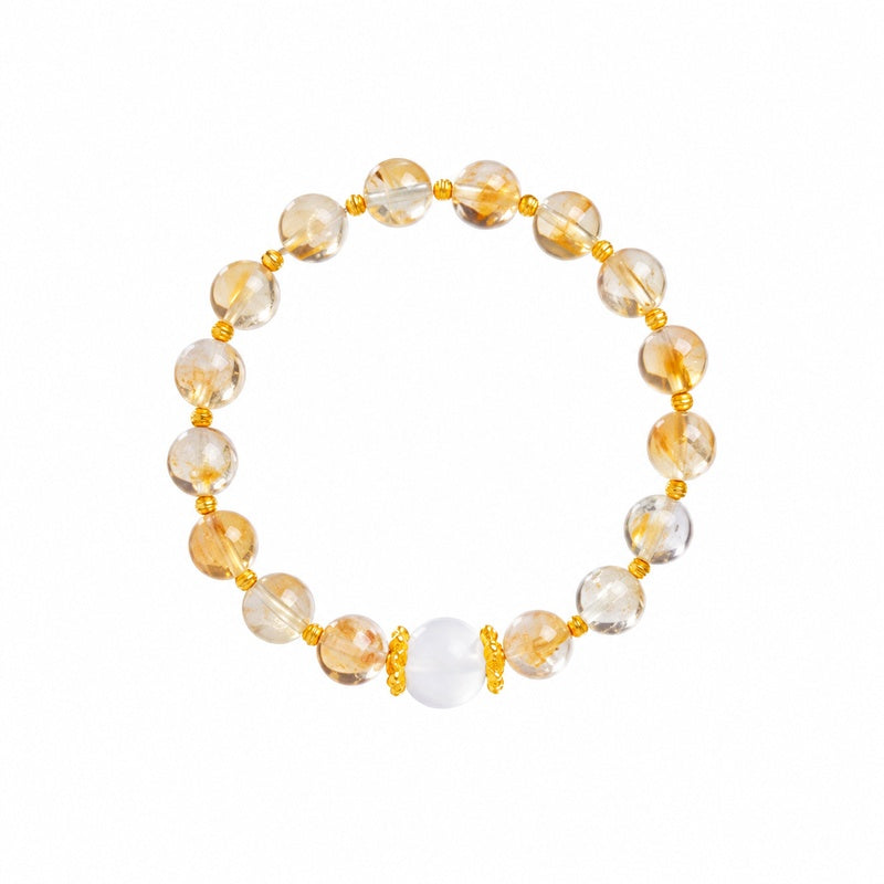 Yellow phantom quartz bracelet with blue moonstone shown on white background