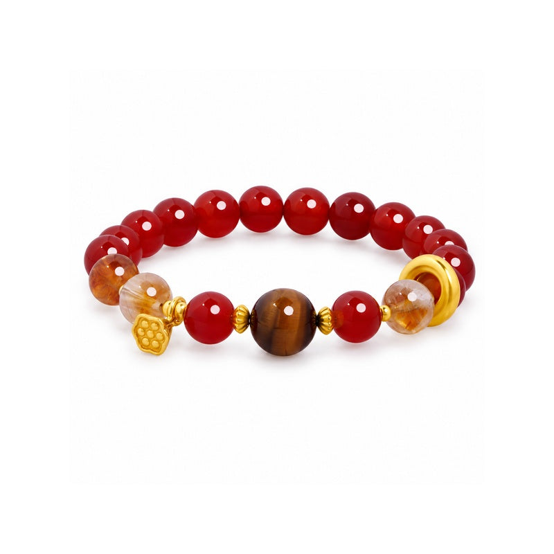 Lotus seedpod red agate bracelet with tiger eye on white background