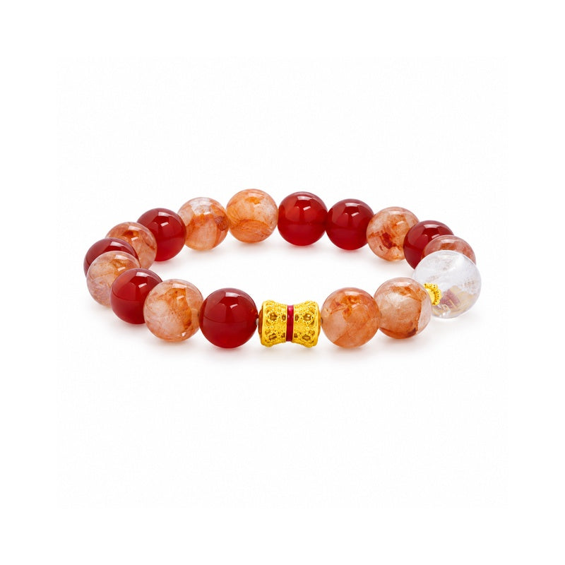 Red agate and quartz stretch bracelet displayed on white background