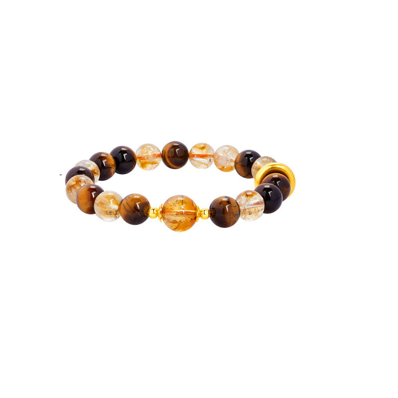 Yellow quartz tiger's eye and silver bracelet on white background