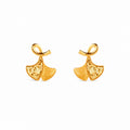Front view of a matching pair of ginkgo leaf stud earrings on white