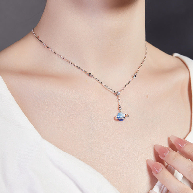 Angled supplier model view of the blue planet necklace