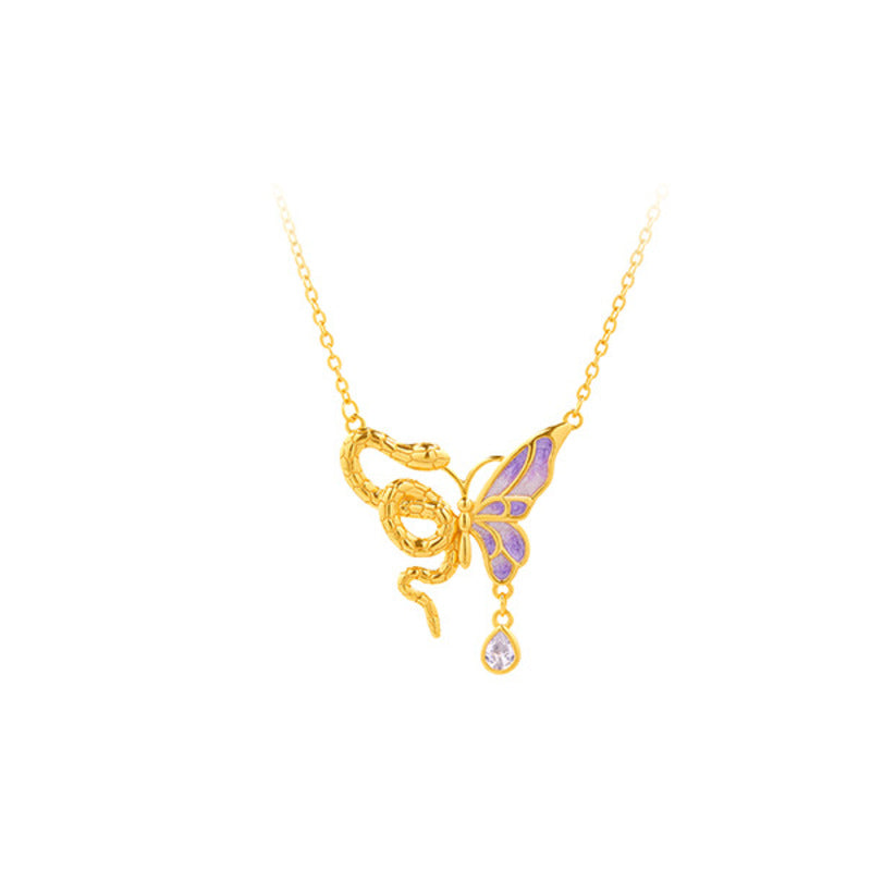 Snake and butterfly pendant necklace on white