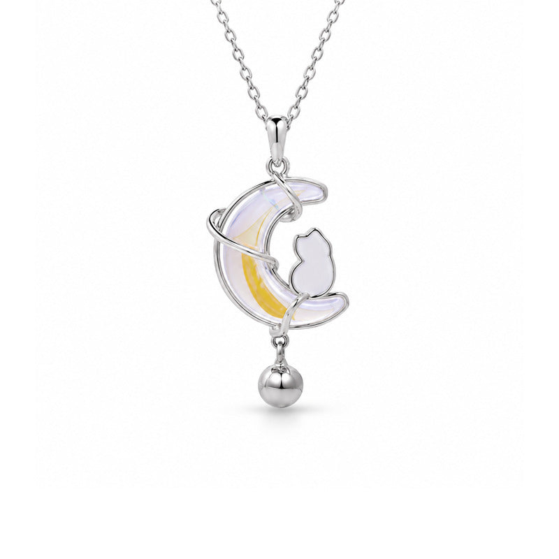 Cat moon bell necklace on white